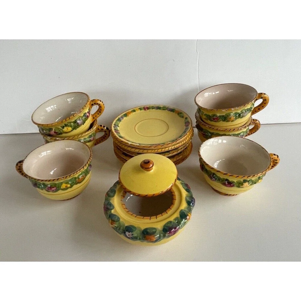 Vtg BITOSSI Italy Della Robbia Coffee Set Cups Saucers Sugar Hand Painted Yellow